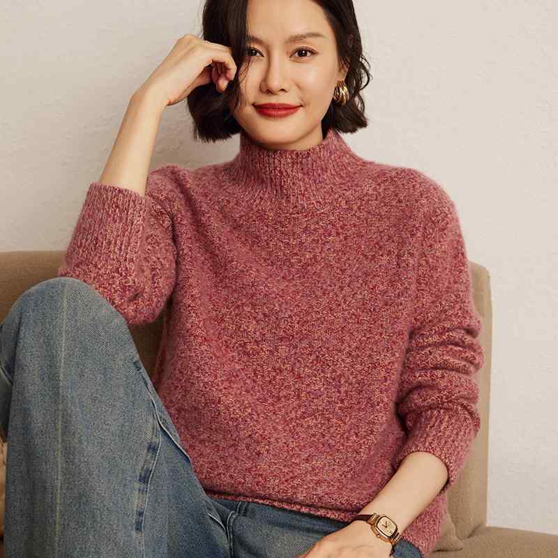 セーター レディース 秋冬 厚手 ハイネック ミックスカラー カシミヤブレンド プルオーバー 長袖 ショート丈 ゆったり ルーズ 大人カジュアル 通勤 オフィス