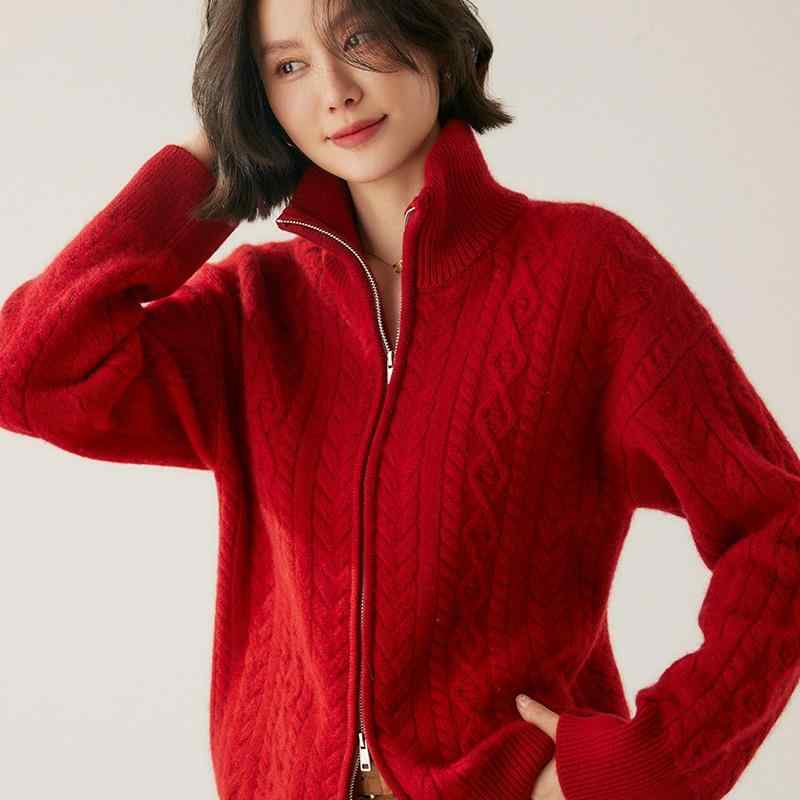 ジレー レディース 成人女性用 秋冬 朦々たる カシミール編み物 ハイネック ダブルジップ レトロ 窈窕たる 引っ切り無い影ぼうし 長袖 象牙色 ベージュ 薄墨色 赤いこと系 普段使い走り 心地好い