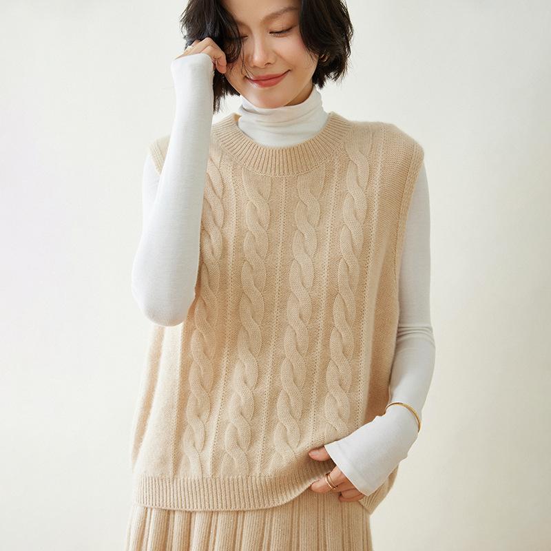 ニットベスト レディース ケーブル編み カシミヤ ゆったり リラックスフィット 重ね着 ショート丈 プルオーバー クルーネック トップス ジレ 無地 秋冬 カジュアル デイリーユース