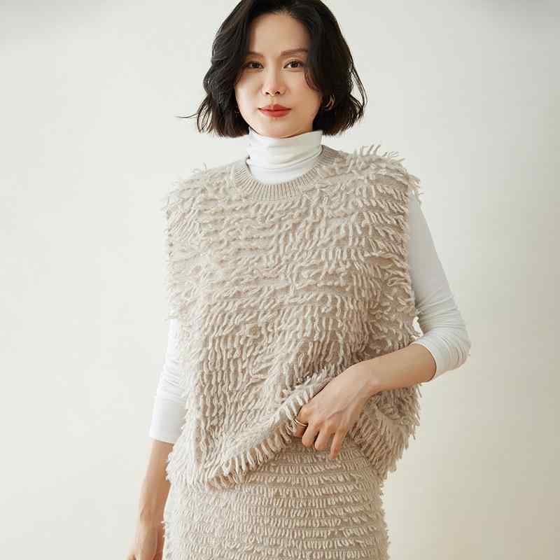 ニットベスト レディース 女性用 秋冬 厚手 カシミヤ ノースリーブ フリンジ クルーネック ゆったり 快適 肌触り良い 着回し カジュアル ショート丈