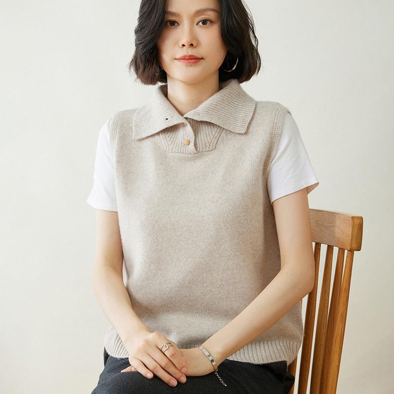 ベスト レディース ポロ襟 ノースリーブ カシミヤ 羊毛 ゆったり ルーズフィット 秋冬 韓国ファッション 無地 着痩せ効果 スタイルアップ 上品 カジュアル 高級感|way-ugo