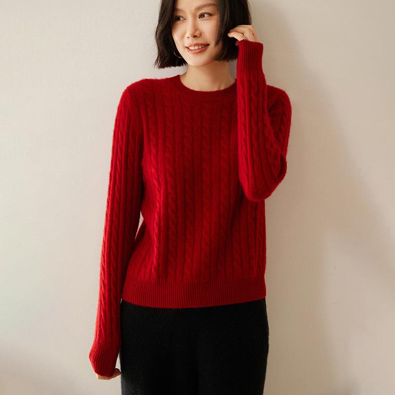 ニット レディース ケーブル クルーネック カシミヤ 厚手 長袖 ゆったり レトロ プルオーバー トップス 秋冬 無地 着痩せ カジュアル 上品