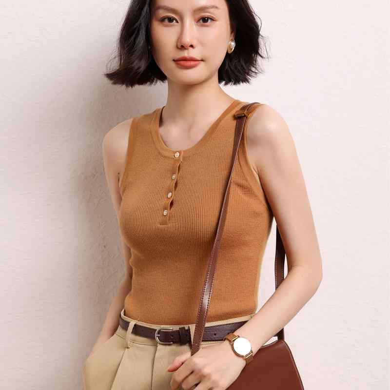 キャミソール レディース 女性用 カシミヤ リブ編み フロントボタン Uネック ノースリーブ トップス スリムフィット ショート丈 無地 伸縮性 シンプル 秋冬