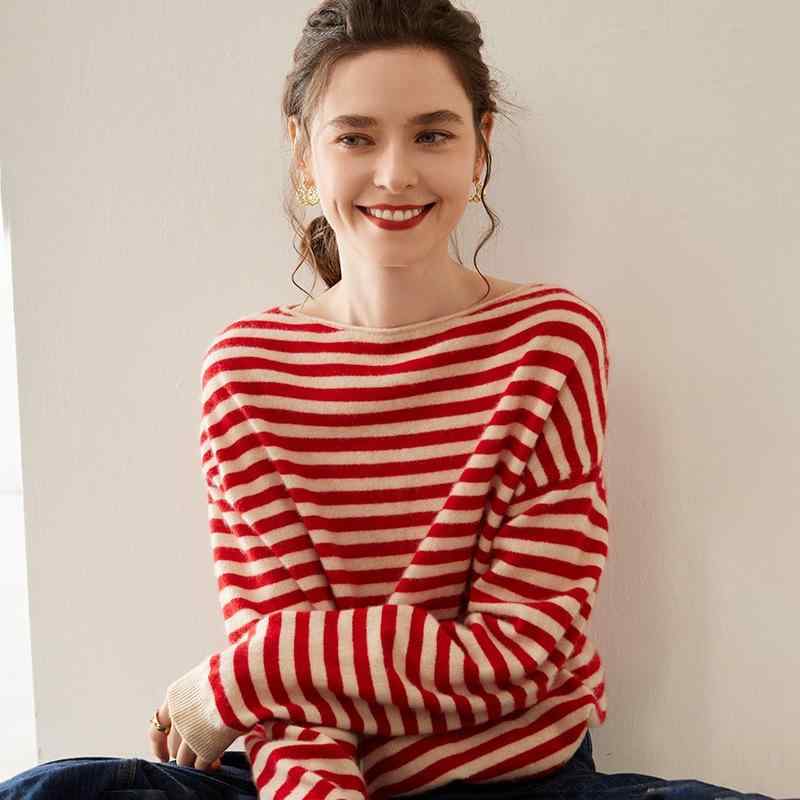 ニット レディース 女性用 カシミヤ カシミア オフショルダー ボートネック 赤 レッド 切り替え ボーダー柄 ストライプ柄 長袖 ドロップショルダー プルオーバー セーター トップス ゆったり ルーズフィット オーバーサイズ ミドルゲージ レトロ カジ|way-ugo