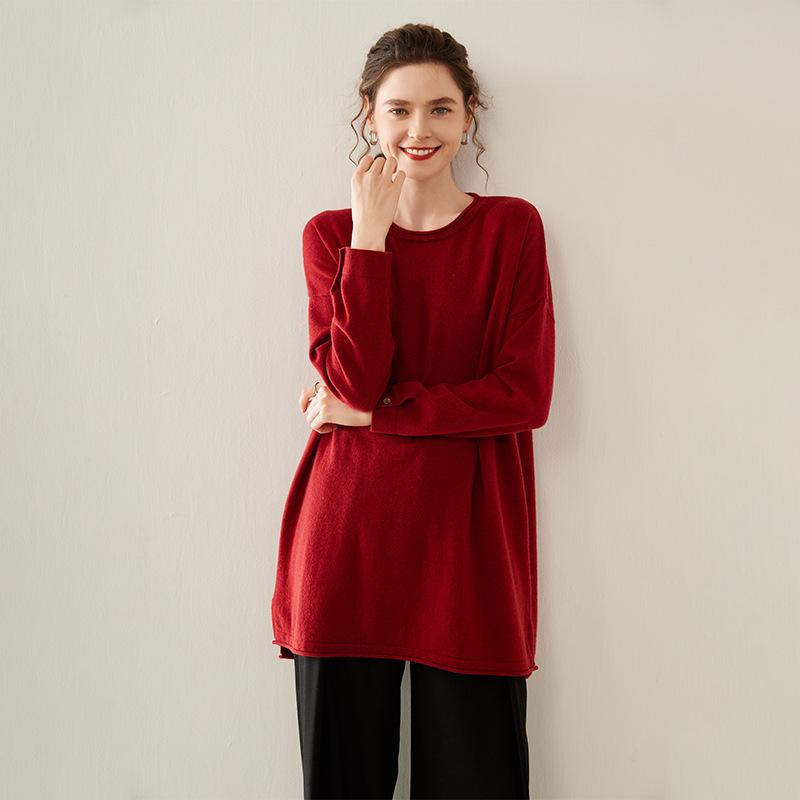 ニット レディース クルーネック 丸首 カシミヤ混 セーター ゆったり オーバーサイズ チュニック丈 ミドル丈 サイドスリット ドロップショルダー 長袖 無地 カジュアル リラックス 秋冬 デイリーユース｜way-ugo