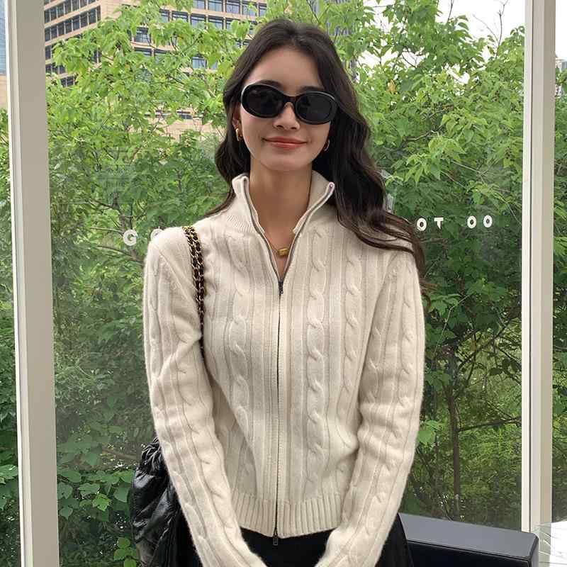 ニットカーディガン レディース タートルネック カシミヤ ウールブレンド ジップアップ ケーブル編み 厚手 保温 アウター 秋冬 カジュアル 普段使い グレー アイボリー ネイビー ブラック