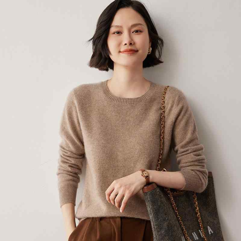 ニット レディース 秋冬 カシミヤウール混 ラウンドネック 丸首 プルオーバー インナー トップス シンプル ベーシック ゆったり 上品 エレガント きれいめ 通勤 着回し 万能 厚手 無地