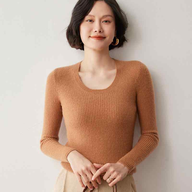 ニット レディース カシミヤ混 ウール混 プルオーバー Uネック リブ編み スリムフィット レギュラー丈 中厚手 着痩せ効果 きれいめ 上品 通勤 オフィス デイリーユース 長袖 秋冬