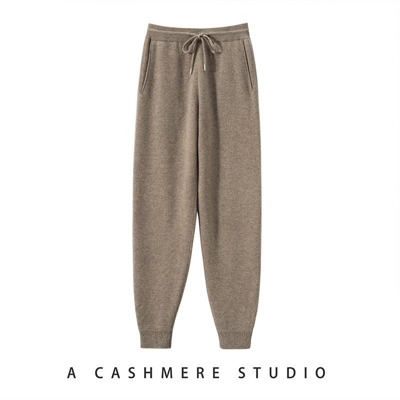 パンツ レディース 秋冬 カシミヤ ニット ジョガー テーパード ハイウエスト ドロスト 無地 厚手 伸縮性 着回し 上品 カジュアル スポーツ リラックス ルームウェア 通勤 オフィス｜way-ugo