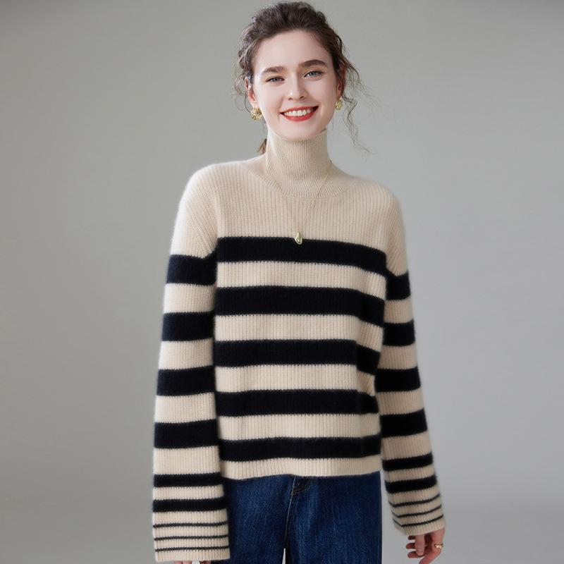 ニット レディース ゆったり ルーズフィット 配色ボーダー ハイネック 厚手 カシミヤ プルオーバー 長袖 ショート丈 カジュアル 秋冬 通勤