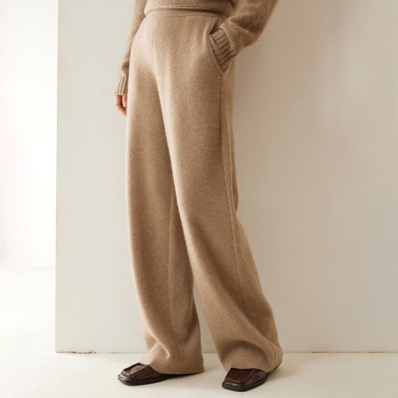 ボトムス レディース 秋冬 100%カシミヤ 厚手 保温 ハイウエスト ワイド ストレート フレアパンツ ドレープ 丈長 カジュアル 伸縮性