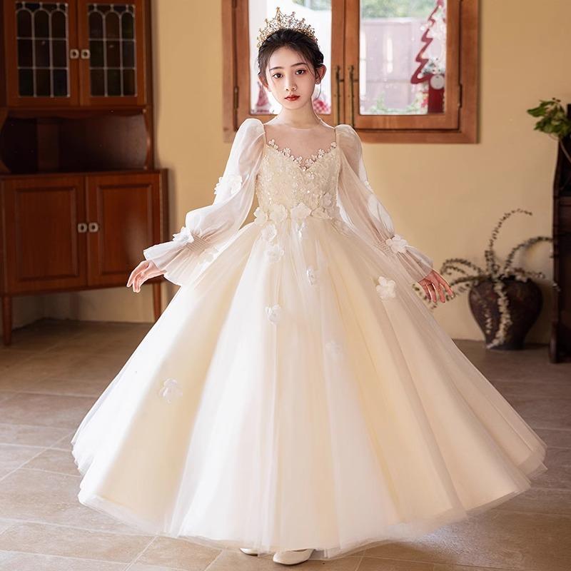 ドレス 女の子 キッズ プリンセス お姫様 ウェディング 結婚式 誕生日 発表会 ピアノ 演奏会 司会 パーティー フォーマル ロング ライトラグジュアリー 個性的 高級感 上質 シャンパンカラー ポリエステル かわいい