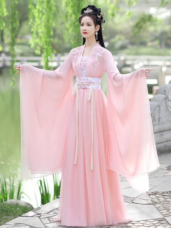漢服 レディース ピンク 桜柄 優雅 仙女風 古風 時代衣装 ワイドスリーブ 襦裙タイプ 古典舞踊 ダンス 発表会 舞台衣装 イベント コスプレ 春 刺繍 TR素材