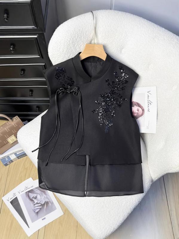 ベスト レディース 中国風 豪華刺繍 スパンコール 華やか エレガント 上品 おしゃれ きれいめ 通勤 オフィス 前開き クルーネック ジレ 春夏 トップス