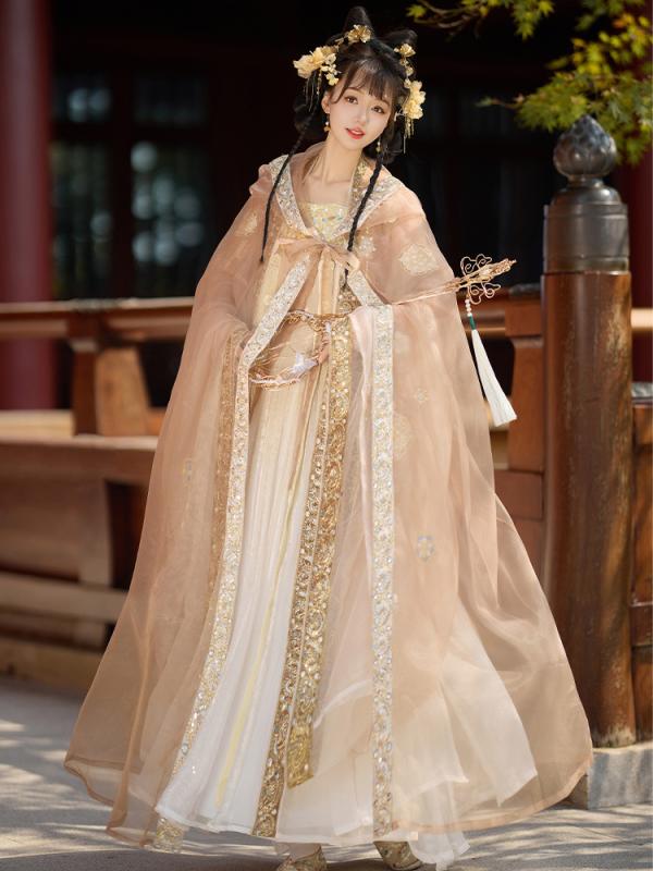 漢服 レディース オリジナルデザイン 中国民族衣装 唐代風 斉胸襦裙 刺繍 ワイドスリーブ マント ケープ 華やか エレガント デイリー 普段使い 優雅 上品 春夏