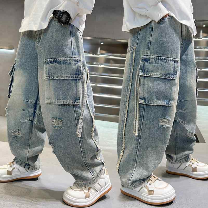 パンツ 男の子 キッズ ジュニア 春秋 デニム カーゴ ダメージ加工 クラッシュ ゆったり ルーズフィット カジュアル ストリート ファッション おしゃれ ロング丈 綿素材 韓国ファッション