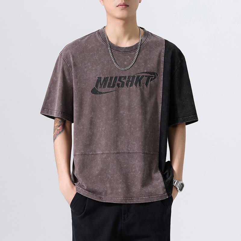 Tシャツ メンズ アメカジスタイル ヘビーウェイト 厚手 半袖 ビッグシルエット 配色切り替え 綿 コットン クルーネック ブラウン ブラック パープル 夏 カジュアル 吸湿速乾