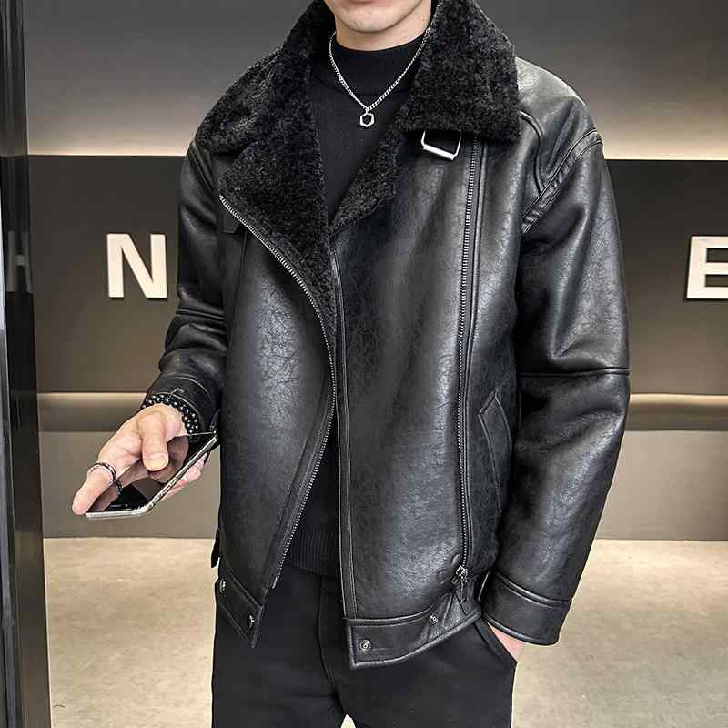 なめし革上衣 メンズ 冬物 PUなめし革 朦々たる 裏ボア POLO襟 広々とした ルーズフィット 馬鹿でかい大きさ 防寒 レトロ 心地好い 町青少年 黒いこと 赤銅色