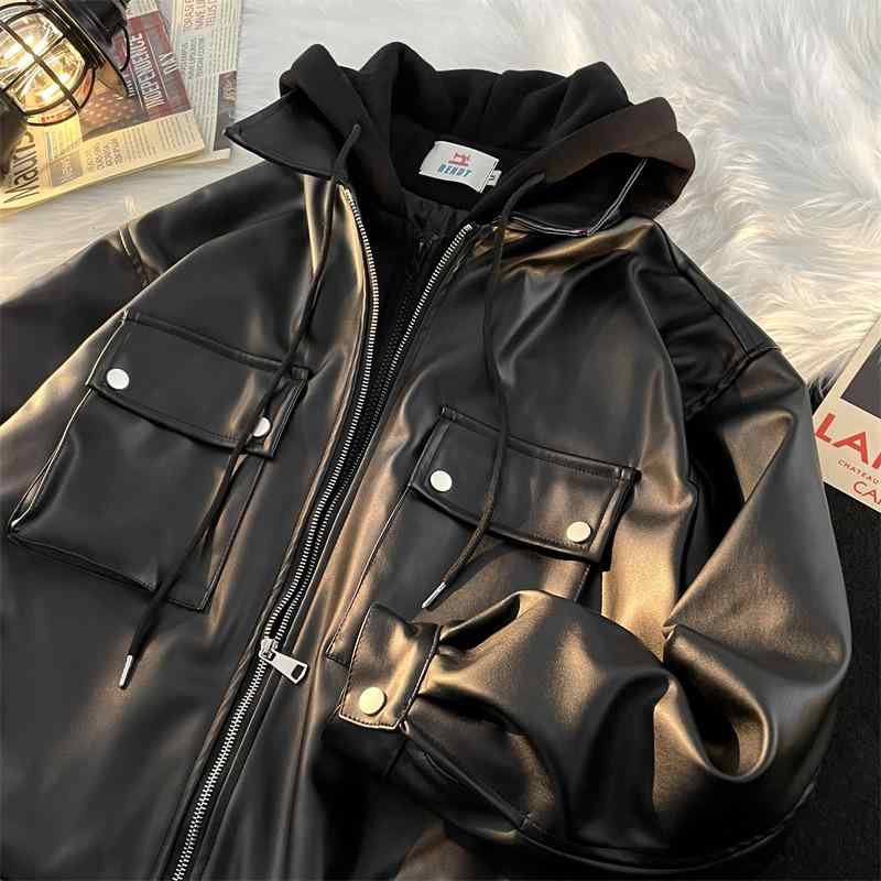 楽天市場】パーカー メンズ レザー パーカー 重ね着風 バイカラー