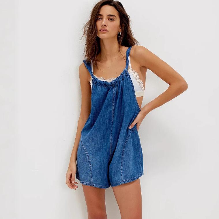 サロペット レディース 女性用 デニム ジーパン ゆったり ルーズフィット ハイウエスト ショート丈 ノースリーブ バックオープン ポケット付き 調節可能ストラップ ストレッチ 薄手 夏 欧米風 ストリートカジュアル ライトブルー ダークブルー