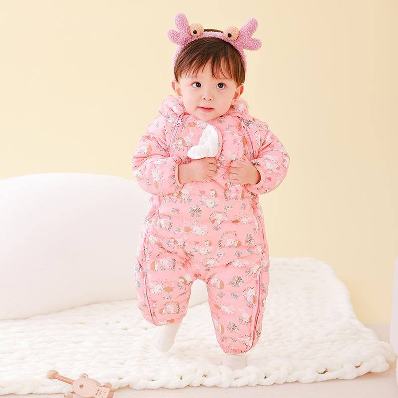 ベビー 女の子 新生児 幼児 ダウン カバーオール おくるみ 90%ホワイトダックダウン 厚手 冬 フード付き 股下開閉 ジップアップ キャラクター プリント かわいい ピンク A類安全基準