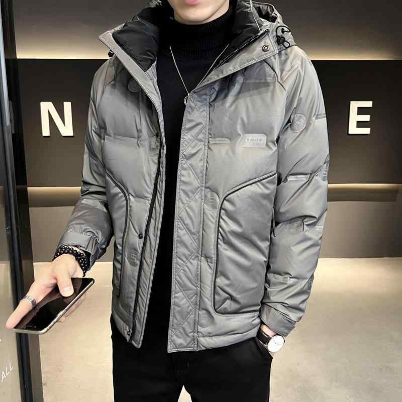 ダウンジャケット メンズ 男性用 ショート丈 フード付き 厚手 暖かい 防寒 保温 ホワイトグースダウン ゆったり ルーズフィット カジュアル 普段使い 秋冬 ブラック グレー ポリエステル