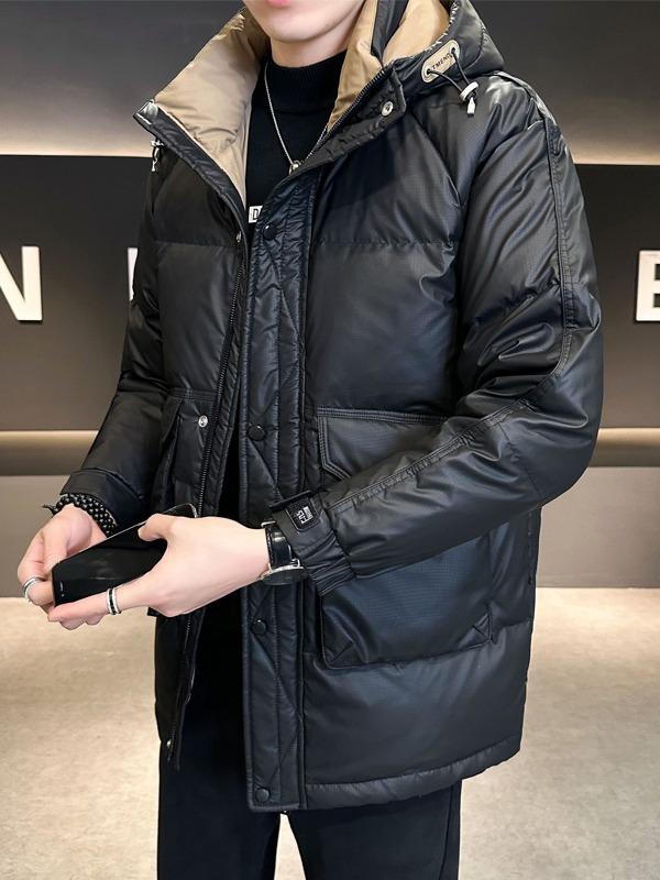 ダウンジャケット メンズ 真冬 ミドル丈 フード付き ホワイトダックダウン 厚手 防寒 防風 保温 スタイリッシュ 切り替え 韓国ファッション カジュアル タウンユース アウター