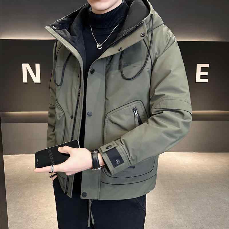 ダウンジャケット メンズ フード付き ワークスタイル ストリート カジュアル 韓国ファッション ロング丈 厚手 高級感 防寒 保温 ホワイトダックダウン 冬 ブラック グリーン ホワイト|way-ugo