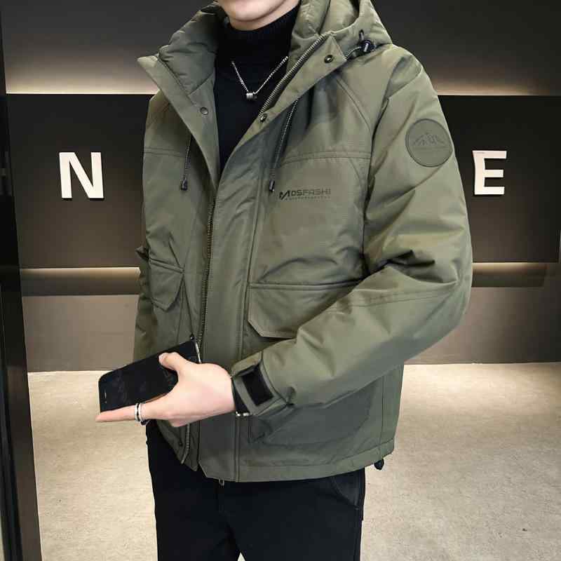 落ち込む上衣 成人男性用 白ダックダウン 高品質 ボンネット付き添い人 心地好い アウター 防寒 保温 ジップアップ ポリエステル 無地 冬 黒 カーキ 緑であること 運動競技 若い衆向け
