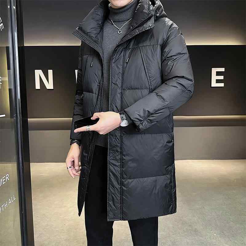ダウンジャケット メンズ 男性用 秋冬 フード付き ミドル丈 ゆったり 高級感 無地 ジップアップ 厚手 暖かい 防寒 保温 白ダックダウン 抗菌 カジュアル 通勤 タウンユース グレー ブラック ブラウン|way-ugo