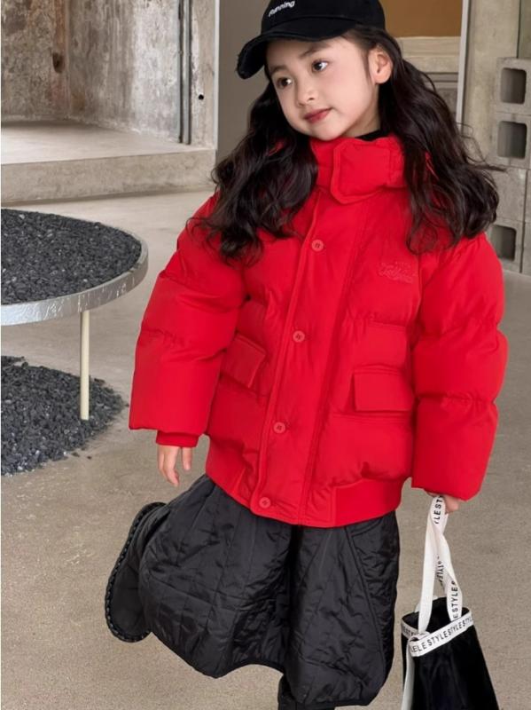 ダウンジャケット 女の子 キッズ ジュニア 厚手 暖かい 防寒 ホワイトダックダウン フード付き レッド 新年 お正月 お祝い 秋冬 ミドル丈 アウター ゆったり ジップアップ カジュアル