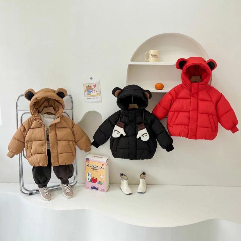 キッズ アウター 男の子 女の子 韓国ファッション 中綿コート 冬 保温 防寒 キャラクター フード付き 厚手 カジュアル 通学 お出かけ かわいい ブラック イエロー レッド系