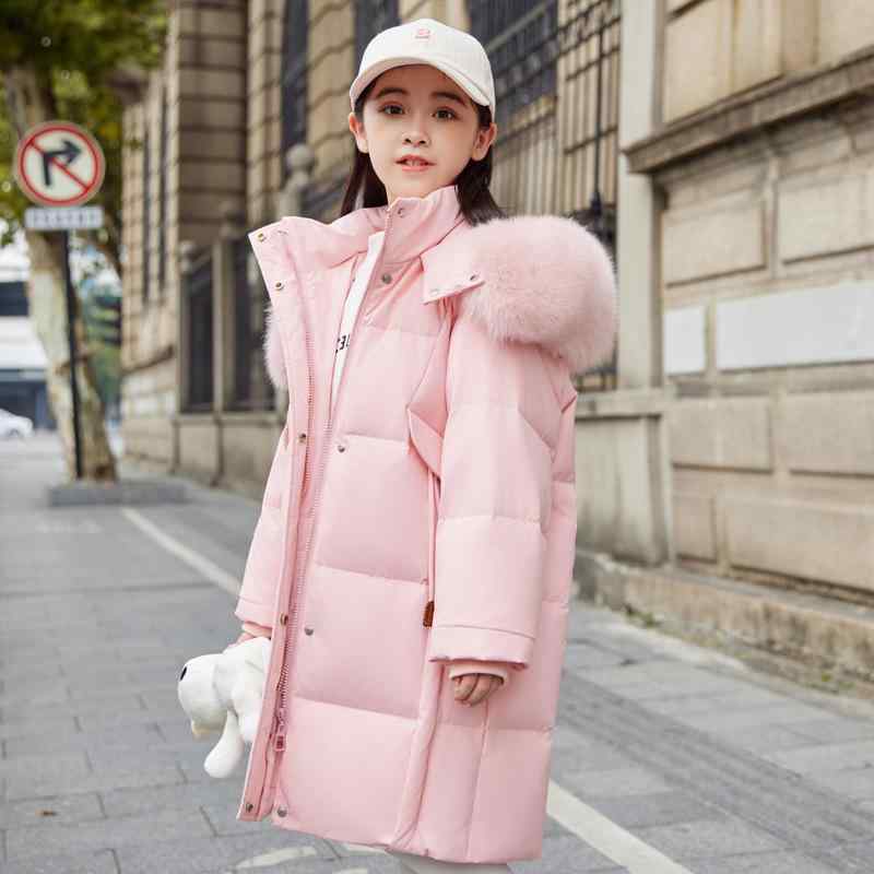 キッズ 女の子 ジュニア ダウンジャケット ミドル丈 フード付き ホワイトダックダウン 厚手 ゆったり 防寒 冬物 かわいい アウター 通学 普段使い カジュアル