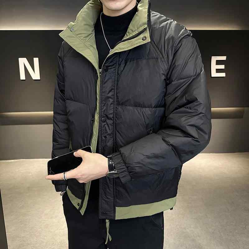 ダウンジャケット メンズ 白ダック 厚手 切り替え ルーズフィット 保温 防寒 スタンドカラー 韓国ファッション カジュアル ストリート アメカジ ミドル丈 ブラック グレー 冬アウター