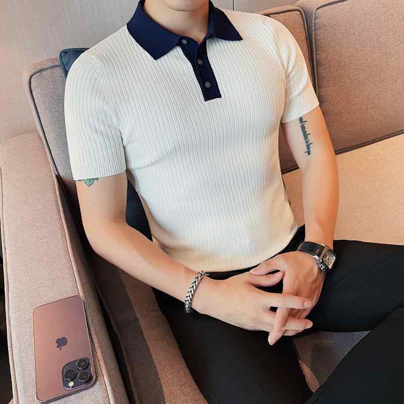 POLOシャツ メンズ 男性用 ストライプ ボーダー ニット 再生繊維 通気性 伸縮性 ストレッチ 薄手 接触冷感 半袖 スリムフィット 切り替え襟 カジュアル ビジネス 普段使い 春夏 サマー