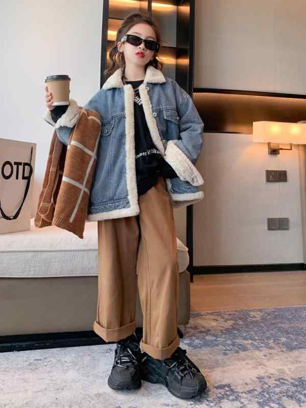 ジャケット 女の子 キッズ ジュニア 秋冬 裏起毛 デニム 厚手 アウター 防寒 あったか 韓国ファッション カジュアル 通学 おしゃれ 小学生 中学生向け ゆったり シングルボタン