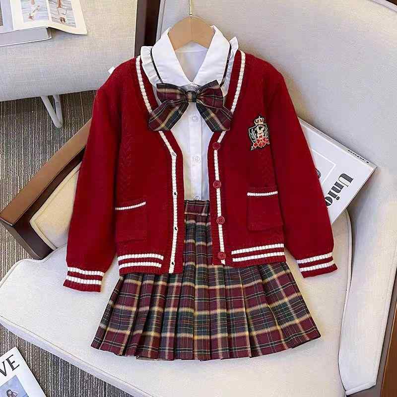 キッズ 女の子 ガールズ セットアップ JK制服 学生服 スクールウェア ニットカーディガン スカート 3点セット 学院風 かわいい おしゃれ 上品 綿 春秋 通学 入学式 卒業式 フォーマル