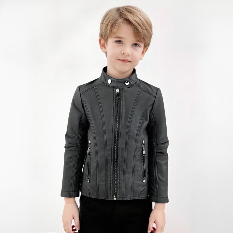 キッズ アウター 男の子 女の子 フェイクレザー ライダースジャケット ブラック スタンドカラー ジップアップ 長袖 ショート丈 欧米風 ストリート カジュアル クール 普段使い 春秋