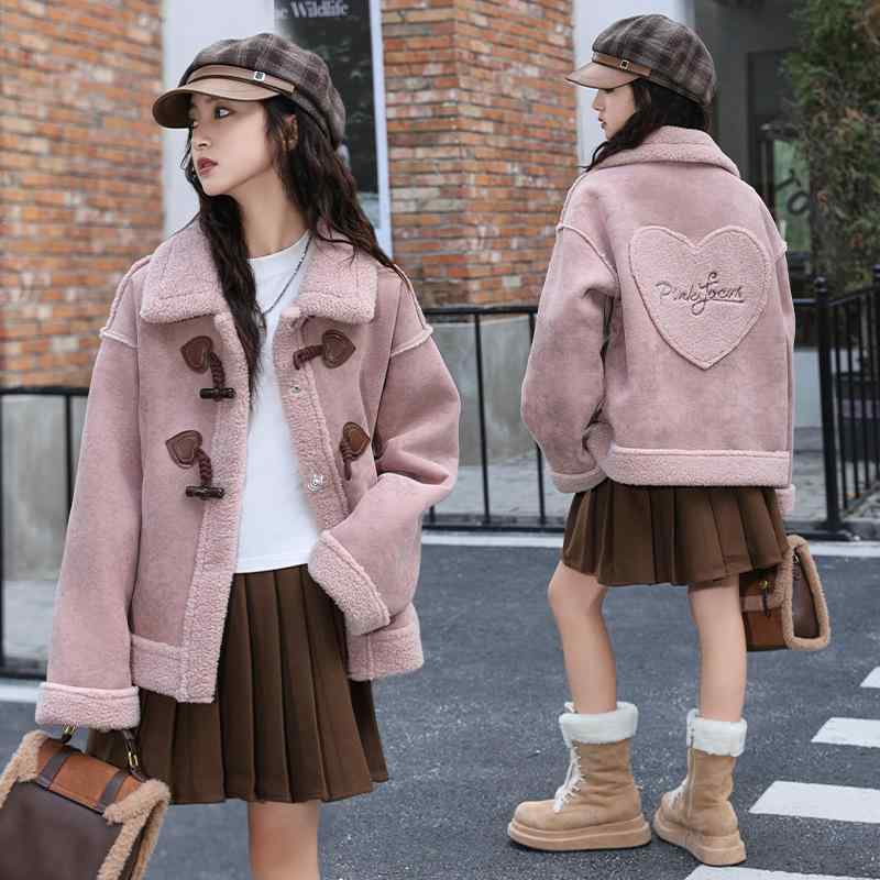 ジャケット 女の子 ジュニア 小中学生 秋冬 裏起毛 防寒 あったか 厚手 フェイクスエード フェイクファー 襟付き ピンク ポリエステル 通学 スクール風 カジュアル アウター ジャンパー