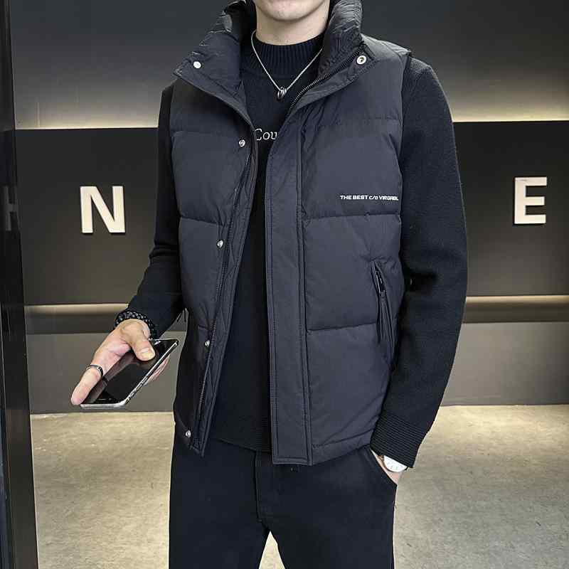 ダウンベスト メンズ スタンドカラー PUレザー ジレ 秋冬 厚手 スリム カジュアル おしゃれ 保温 防寒 ホワイトダックダウン ノースリーブ 前開き ジップアップ 普段使い 男性用