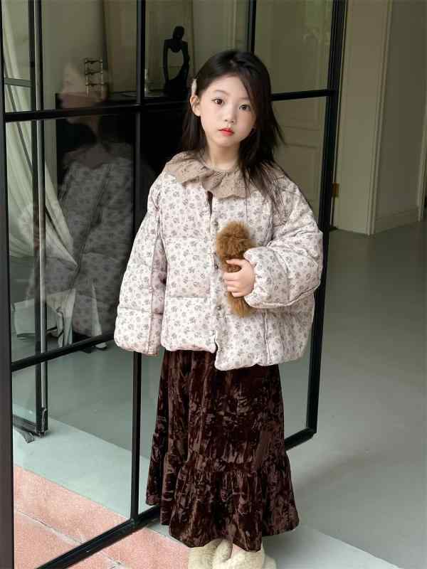 ダウンジャケット 女の子 キッズ ガールズ 韓国風 小花柄 白ダックダウン 厚手 暖かい 防寒 アウター カジュアル お出かけ 通学 綿混 ポリエステル ソフト ダークグレー オフホワイト アイボリー