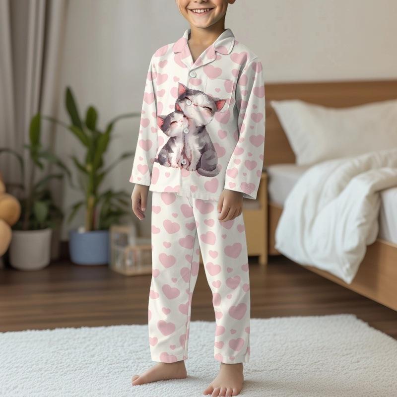 キッズ パジャマ ルームウェア 長袖 ロングパンツ 上下セット 男女兼用 キャラクター 猫 ねこ 花柄 クリスマス プリント ボタン 秋冬 カジュアル かわいい ポリエステル