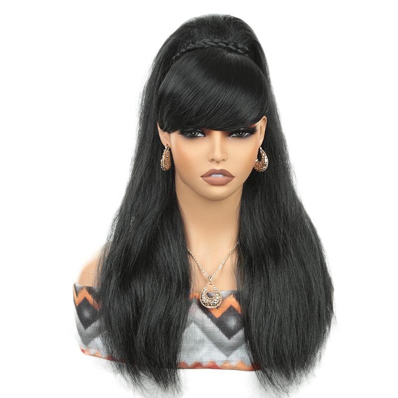 ポニーテールウィッグ レディース 女性用 ロング ストレート 耐熱ファイバー 約60cm 斜め前髪 簡単装着 自然な仕上がり ブラック 黒髪 普段使い イメチェン 手軽な人工毛エクステ