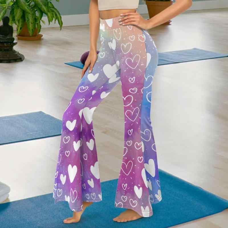 ヨガパンツ レディース ハイウエスト スリット ロング丈 ポリネシアン小花柄 ハートプリント フレアシルエット ポリエステル レギンス フィットネス スポーツウェア