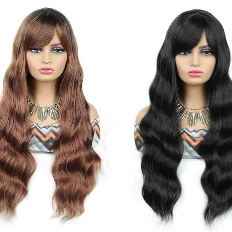ウィッグ レディース 女性用 ブラウン ロングカール 大波ウェーブ かつら レースフロント マシンメイド 耐熱ファイバー 前髪あり 流し前髪 ファッション コスプレ