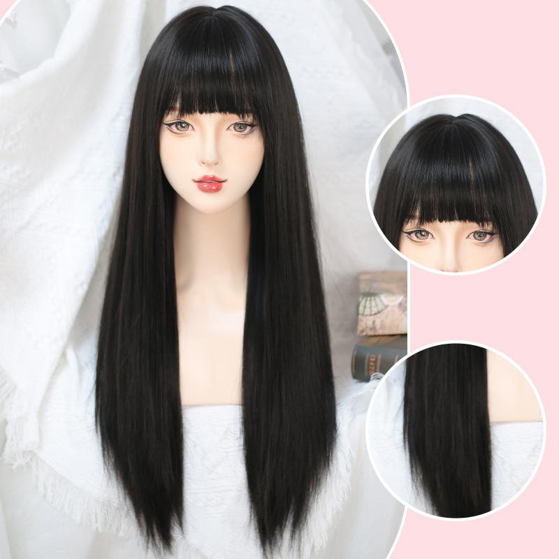 ウィッグ 女性用 ロリータ フルウィッグ ロングストレート ぱっつん前髪 人毛のような自然な仕上がり 耐熱ファイバー サラサラ 絡みにくい 普段使い お出かけ イベント 変装 ナチュラルブラック