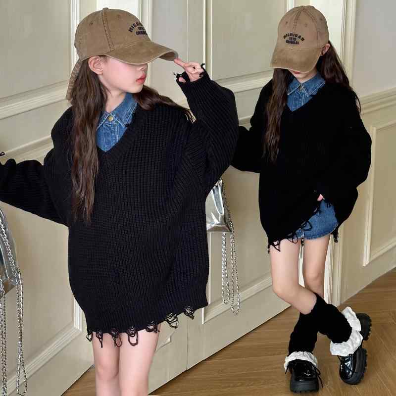 セーター 女の子 ガールズ ジュニア キッズ ニット おしゃれ かわいい デザインニット デニムシャツ セット プルオーバー 秋冬 韓国風 ラウンドネック 長袖 綿素材 トップス 普段使い 通学着