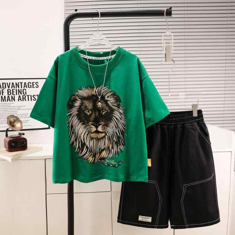 キッズ 男の子 夏物 キャラクター柄 半袖 Tシャツ ハーフパンツ 上下セット 薄手 軽量 涼しい おしゃれ カジュアル 普段着 部屋着 通学 綿混 ジュニア グリーン 2点セット