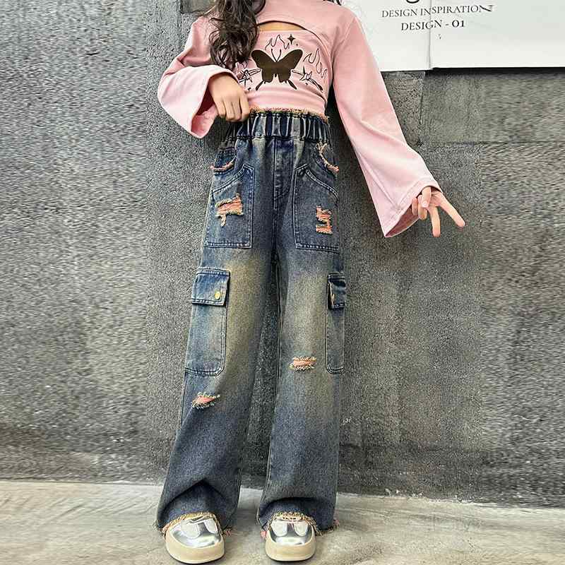 デニムパンツ キッズ 女の子 ジュニア ダメージ加工 カジュアル 韓国風 ワイド ストレート ハイウエスト ロング丈 ソフトデニム 秋物 おしゃれ 普段使い 通学