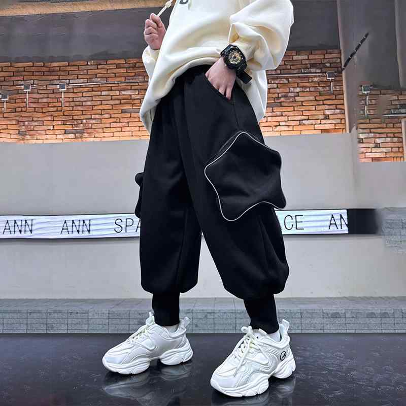 パンツ ジュニア 男の子 春秋 カジュアル スポーツ カーゴ ストリート コットン やわらか素材 通学 ロング丈 高ウエスト ゴムウエスト ブラック グレー